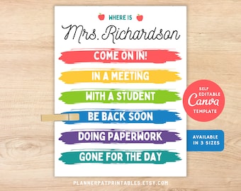 Editable Where Is the Teacher Sign Printable, Office Door Flyer Template (Canva Download)