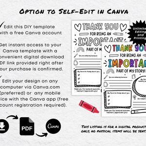 May include: Printable "Thank You for Being an Important Part of My Story!"  editable template for Canva. The template features a colorful rainbow, hearts, and a cute cartoon bee.  The text "Unlimited Editing and Printing!" is in the top right corner.