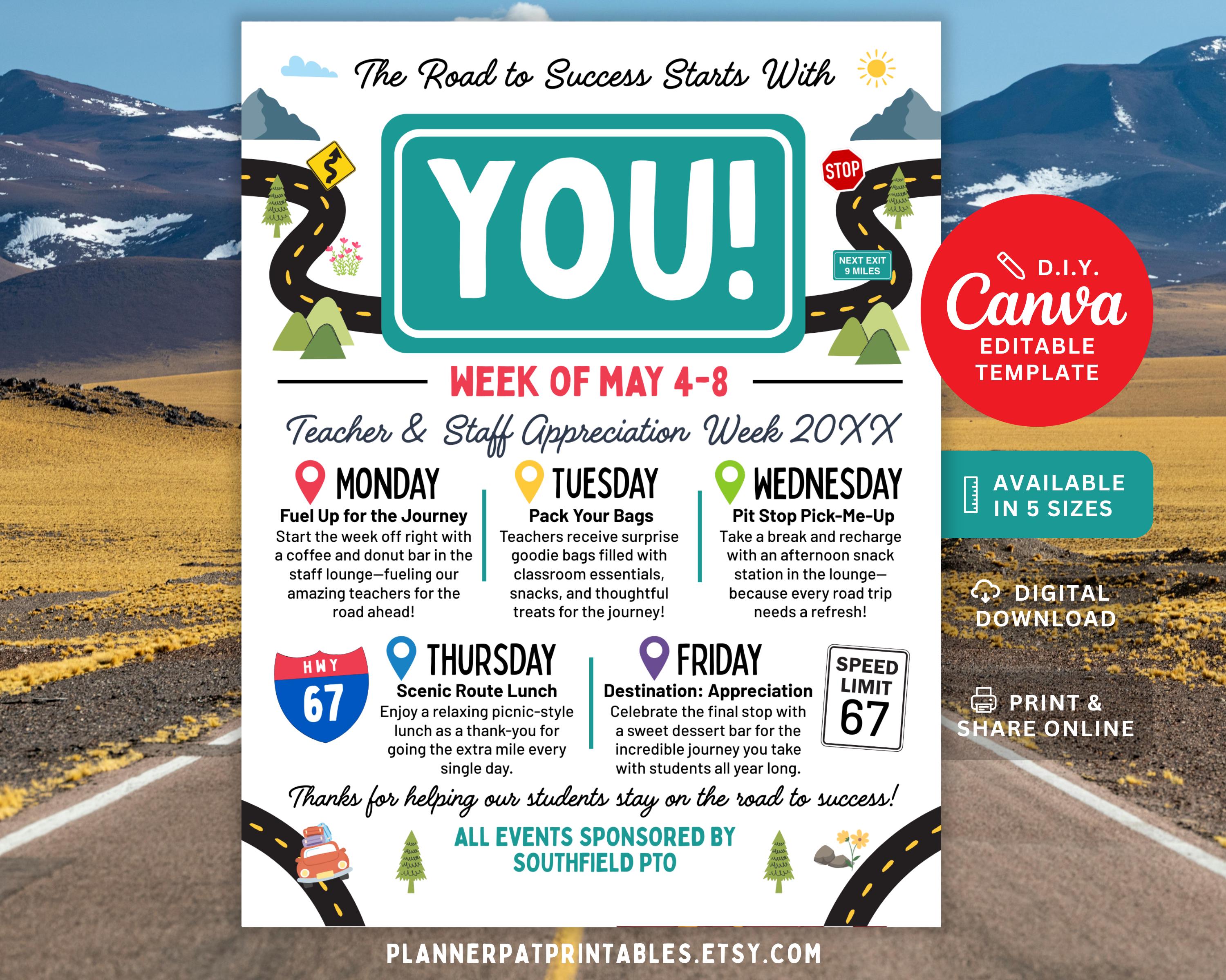Road Trip Theme Teacher & Staff Appreciation Week Itinerary Flyer ...