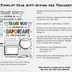 May include: Printable coloring page with the text "Thank You for Being an Important Part of My Story!"  The page is designed for teachers and includes space for students to write about their favorite memories with their teacher. The page is available in two sizes: US Letter (8.5"x11") and A4 (8.3"x11.7").