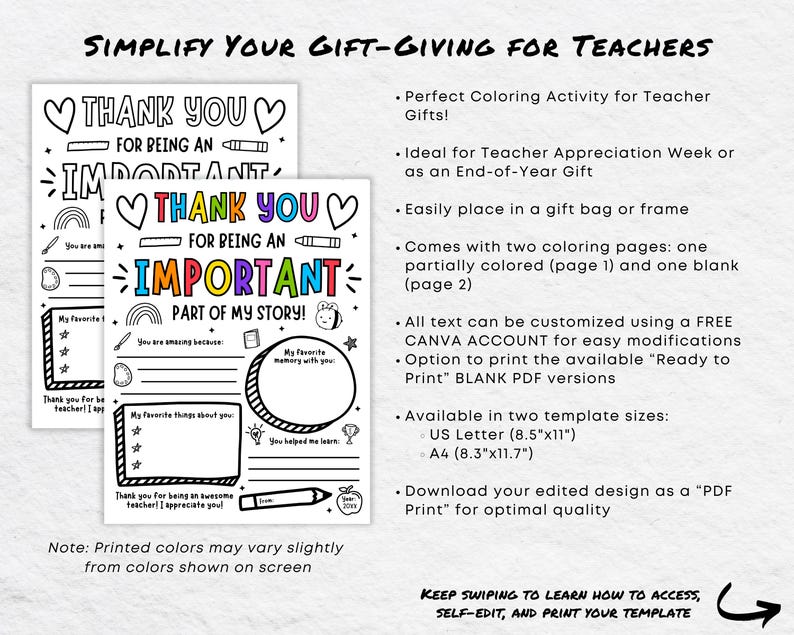 May include: Printable coloring page with the text "Thank You for Being an Important Part of My Story!"  The page is designed for teachers and includes space for students to write about their favorite memories with their teacher. The page is available in two sizes: US Letter (8.5"x11") and A4 (8.3"x11.7").
