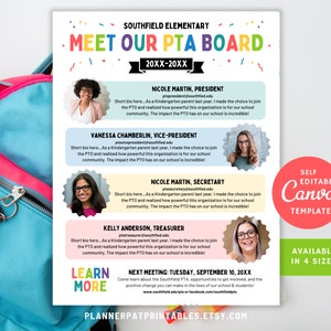 Editable Meet the PTA Flyer, Volunteer Board Officers Introductions, Canva Template