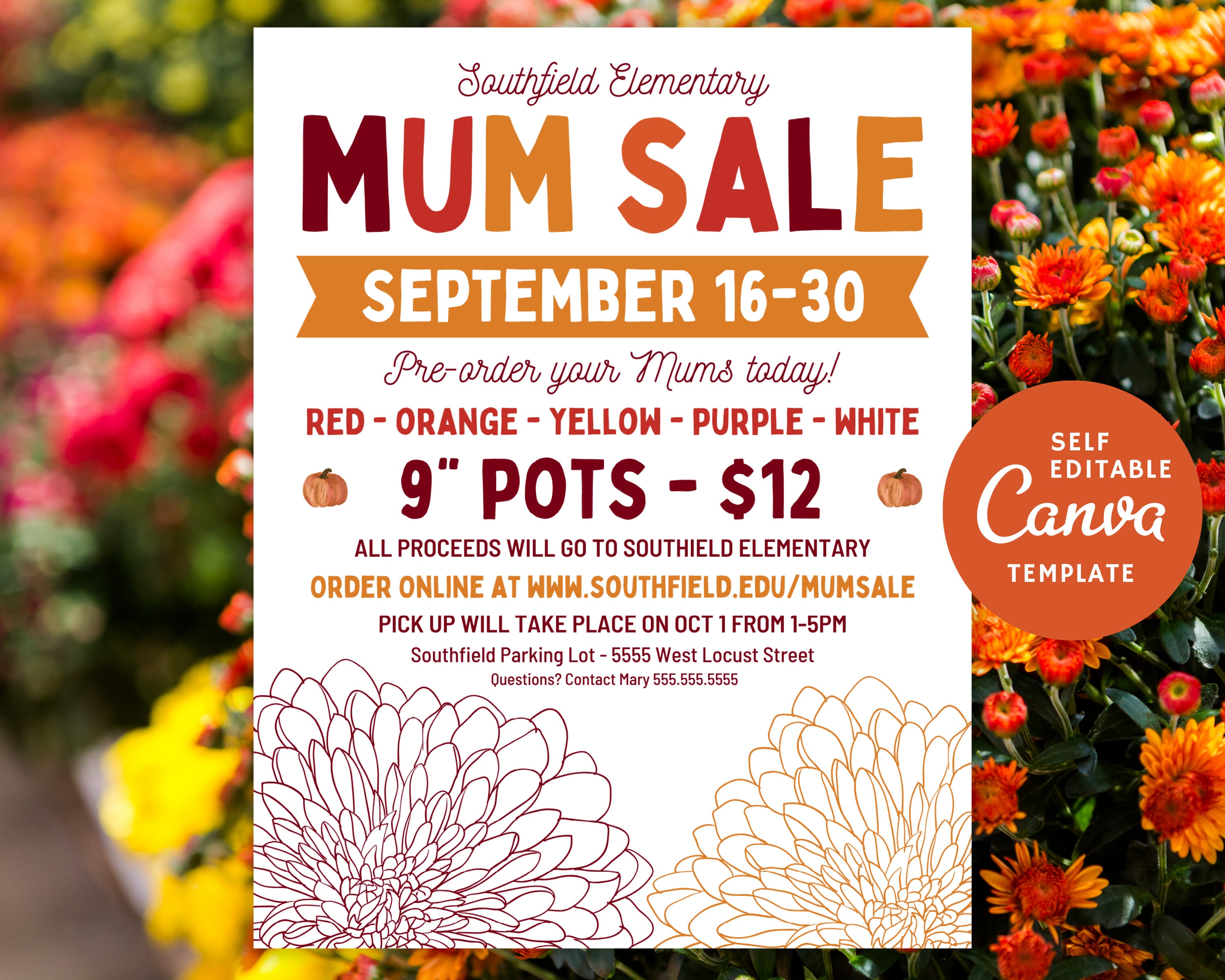 Editable Fall Mum Sale Flyer Template, School Fundraiser, Canva