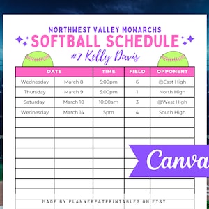 Editable Softball Schedule Template | Girls Softball Game & Practice Calendar | Canva Sports Team Planner Printable