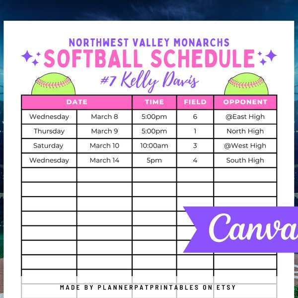 Editable Softball Schedule Template, Girls Softball Game Calendar, Canva