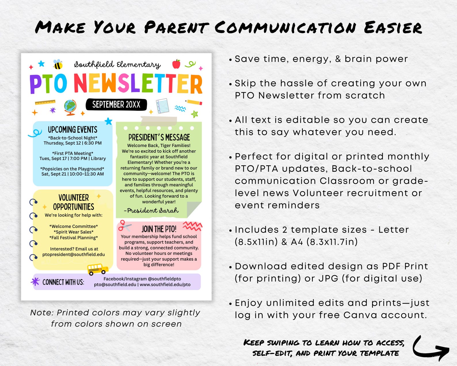 Editable PTO Newsletter Template: Canva PTA School Communication ...