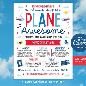 Editable Plane Awesome Theme Teacher & Staff Appreciation Airplane Travel Itinerary Flyer Canva Template Schedule Printable