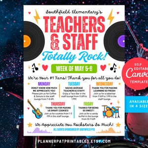 Editable Music Rock and Roll Theme Teacher & Staff Appreciation Week Rock Star Itinerary Flyer Canva Template Events Schedule Printable