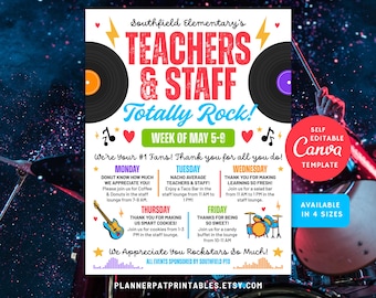 Rock and Roll Teacher Appreciation Week Music Itinerary Flyer (Canva Template)