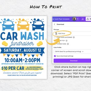 May include: A blue and yellow flyer for a car wash fundraiser. The flyer features three cartoon cars and the text "CAR WASH fundraiser". The event is scheduled for Saturday, August 12th from 10:00 AM to 2:00 PM at Jefferson School Parking Lot. The cost is $10 per car. All proceeds benefit the Jefferson Baseball Team.