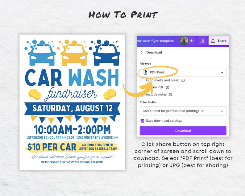 May include: A blue and yellow flyer for a car wash fundraiser. The flyer features three cartoon cars and the text "CAR WASH fundraiser". The event is scheduled for Saturday, August 12th from 10:00 AM to 2:00 PM at Jefferson School Parking Lot. The cost is $10 per car. All proceeds benefit the Jefferson Baseball Team.