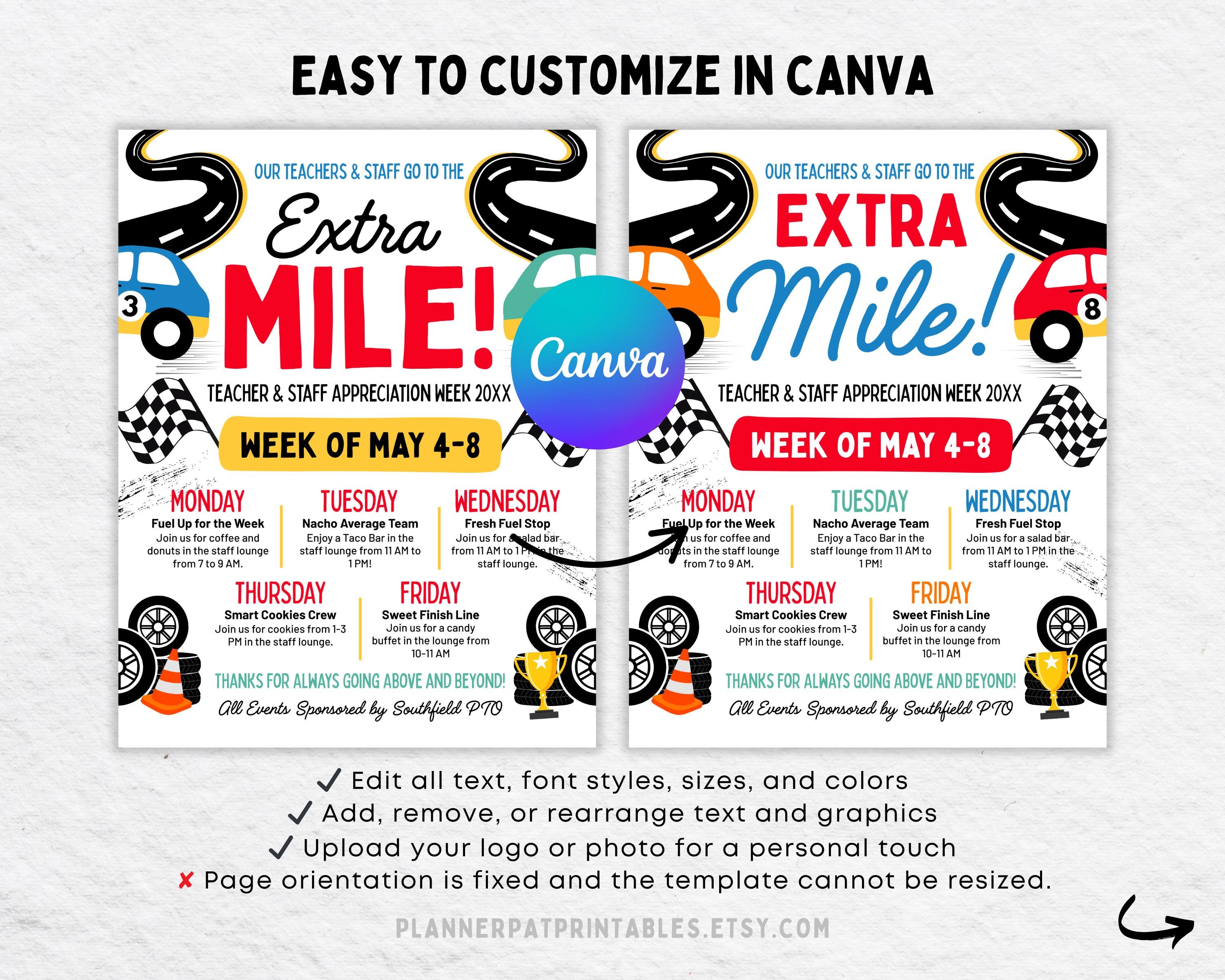 Racing Teacher Appreciation Week Race Car Itinerary Flyer (canva ...