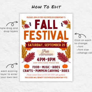 May include: A printable flyer for a Fall Festival at Southfield Elementary School. The flyer is decorated with autumn leaves and pumpkins. The event is free and will be held on Saturday, September 25th from 4pm to 9pm at 2591 Orchard Road NW. The flyer lists activities such as food, music, rides, crafts, and pumpkin carving.