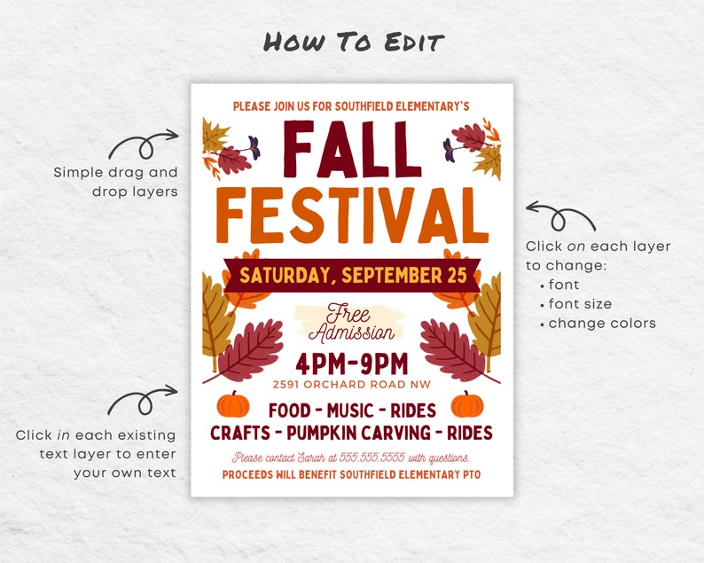May include: A printable flyer for a Fall Festival at Southfield Elementary School. The flyer is decorated with autumn leaves and pumpkins. The event is free and will be held on Saturday, September 25th from 4pm to 9pm at 2591 Orchard Road NW. The flyer lists activities such as food, music, rides, crafts, and pumpkin carving.