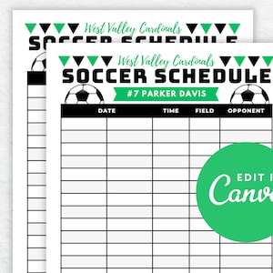 Editable Soccer Schedule Template DIY Canva Printable, Soccer Game Calendar
