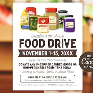 Editable Charity Food Drive Flyer Template, School Fundraiser, Canva