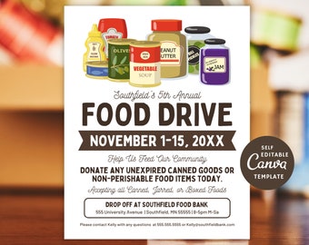 Editable Charity Food Drive Flyer Template, School Fundraiser, Canva