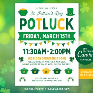 May include: Printable St. Patrick's Day potluck invitation with green shamrocks, gold coins, and a leprechaun hat. The invitation says "Please join us for a St. Patrick's Day Potluck" and includes the date, time, and location. It also says "Self Editable Canva Template" and "Available in 4 Sizes".