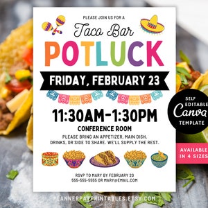 Puede incluir: Una invitación imprimible para un Potluck de Barra de Tacos. La invitación está decorada con coloridas decoraciones de estilo mexicano e incluye la fecha, la hora y el lugar del evento. También incluye una nota pidiendo a los invitados que traigan un aperitivo, un plato principal, bebidas o un acompañamiento para compartir. La invitación está disponible en cuatro tamaños y es autoeditable usando Canva.