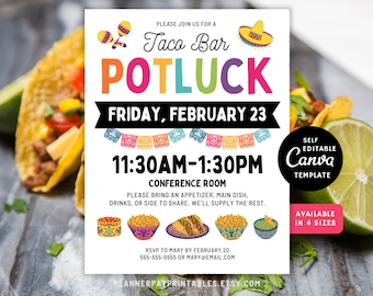 Plantilla editable de Canva para volante de comida compartida de Taco Bar, invitación a fiesta