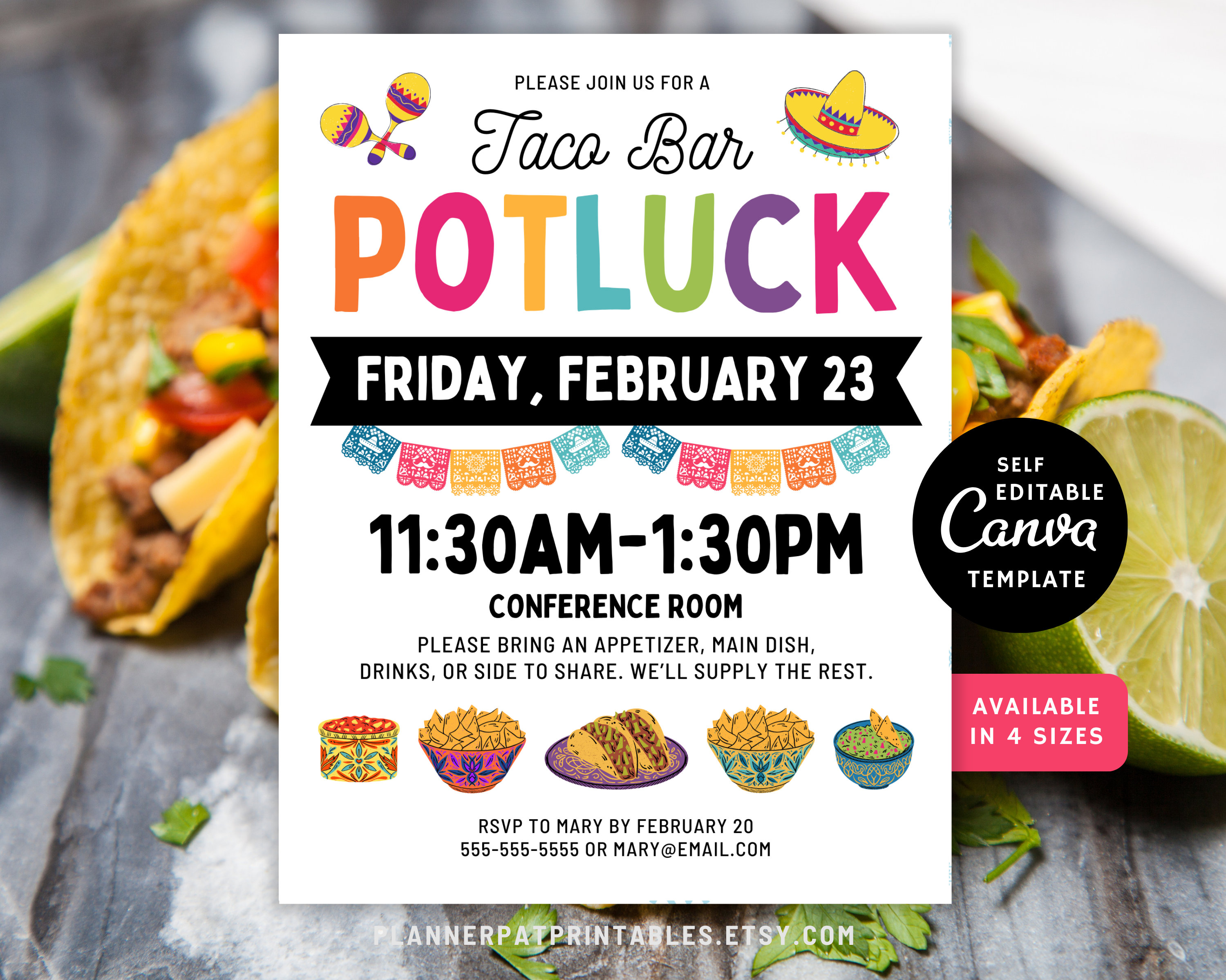 Taco Bar Potluck Flyer | Editable Fiesta Party Template (canva, Digital ...