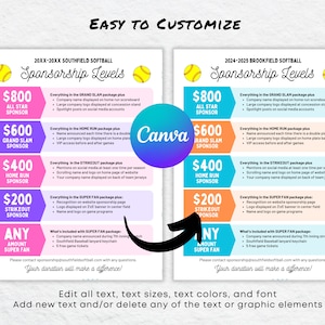 Softball Sponsorship Levels Form Editable Template, Canva Sponsor Tier ...