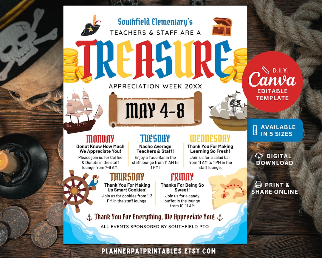 Pirate Theme Teacher & Staff Appreciation Week Itinerary Flyer (canva ...