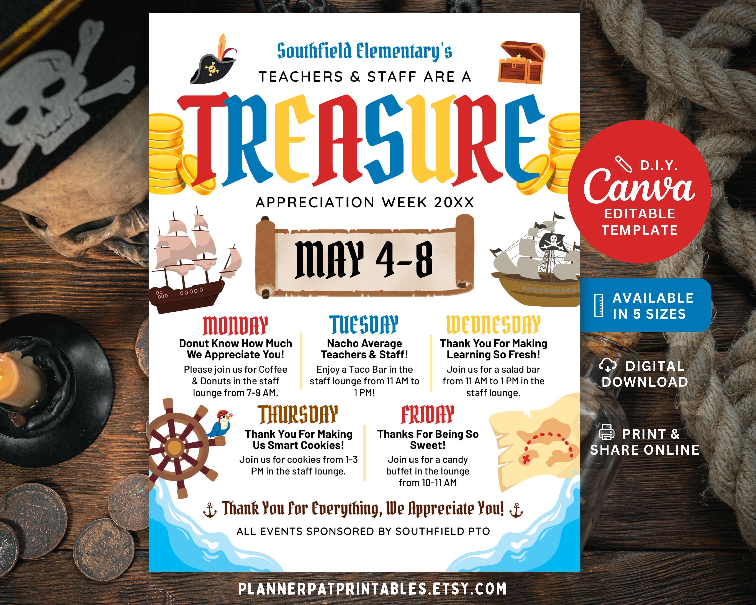 Pirate Theme Teacher & Staff Appreciation Week Itinerary Flyer (canva ...