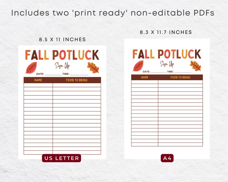 Fall Potluck Sign up Sheet Printable Autumn Harvest Potluck Etsy