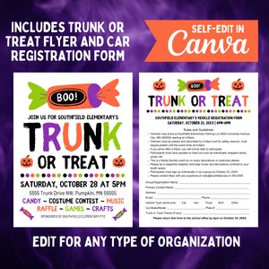 Editable Trunk or Treat Bundle, Includes Event Flyer and Car Registration Form, Canva Templates