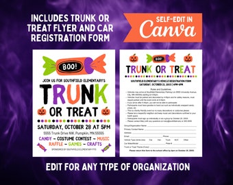 Editable Trunk or Treat Bundle, Includes Event Flyer and Car Registration Form, Canva Templates