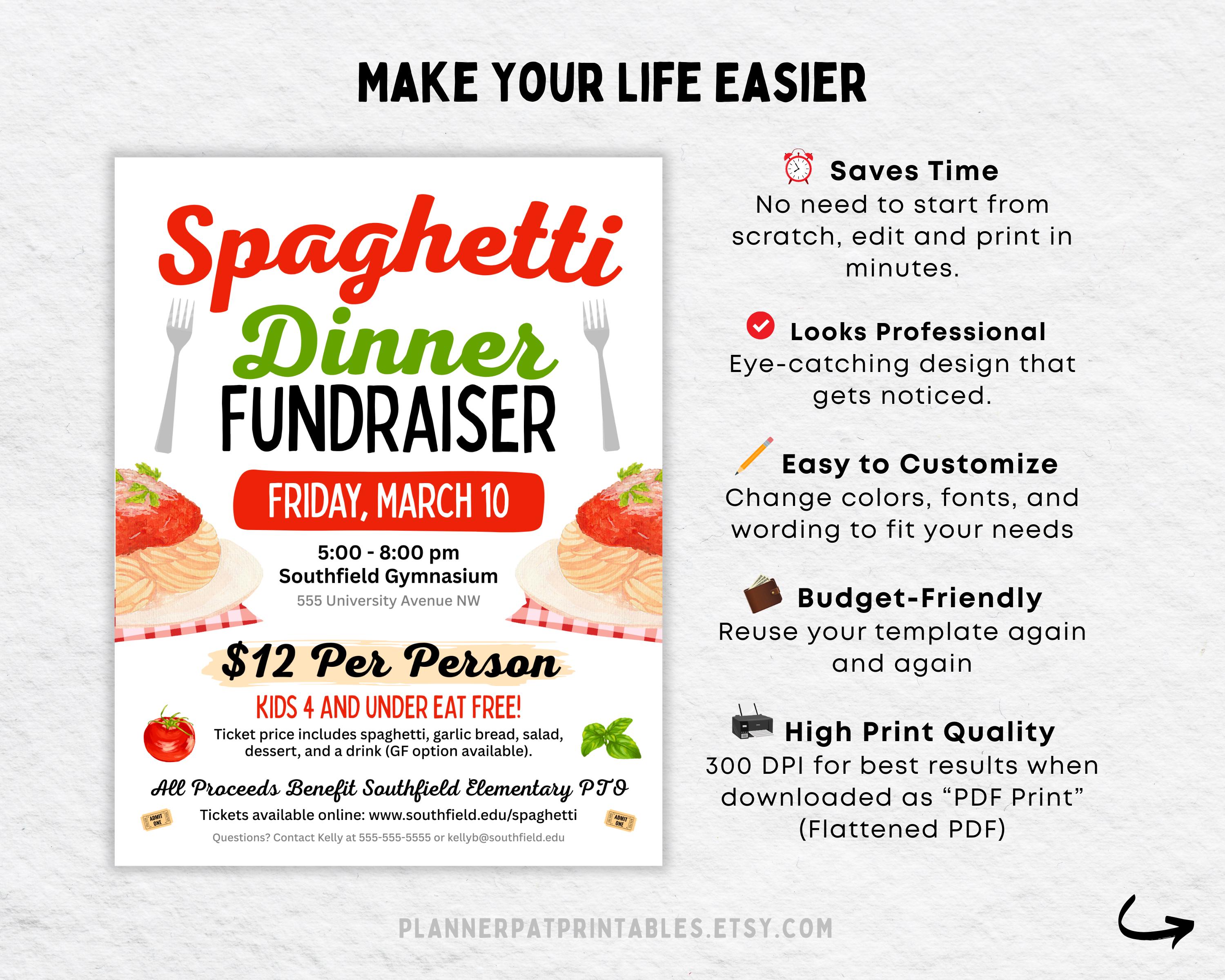 Spaghetti String Event Spaghetti Dinner Fundraiser Flyer | Pasta Night Event Poster | Editable ...