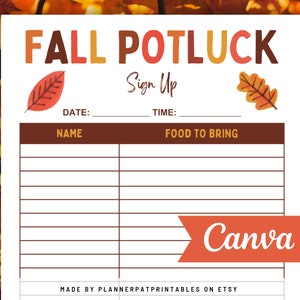 Fall Potluck Sign Up Sheet Printable Autumn Harvest Potluck Party, Canva