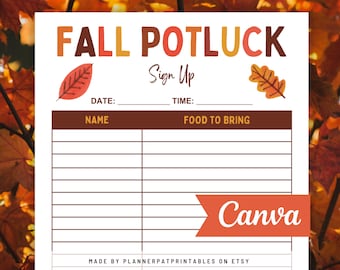 Fall Potluck Sign Up Sheet Printable Autumn Harvest Potluck Party, Canva