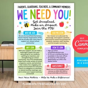 Editable Join Our Parent Group Flyer | Canva PTO We Need You Poster, PTA Membership & Volunteer Recruitment Handout Template