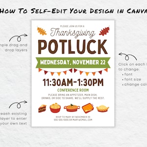May include: A Thanksgiving potluck invitation with a brown and green color scheme. The invitation features a festive fall leaf design and the text "Thanksgiving Potluck" in a brown font. The invitation also includes the date, time, and location of the potluck.