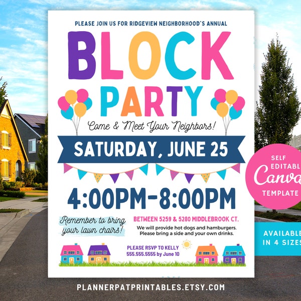 Block Party Flyer Template, Editable Neighborhood BBQ Party Invite, Canva