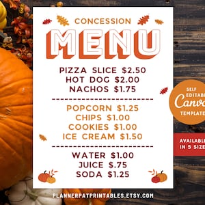 May include: A printable concession menu with fall-themed graphics. The menu lists various food and drink items with prices, including pizza, hot dogs, nachos, popcorn, chips, cookies, ice cream, water, juice, and soda.