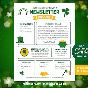 Plantilla editable de boletín informativo de marzo, Noticias escolares de la PTO de St Patricks, Canva