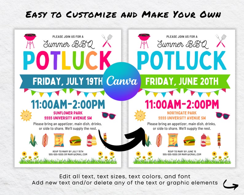 May include: Editable template for a summer BBQ potluck invitation. The invitation features a colorful design with a grill, food, and text that reads "Summer BBQ Potluck" and "Friday, July 19th" or "Friday, June 20th".