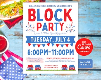 May include: Red, white, and blue block party invitation with fireworks, houses, and text that reads "Block Party" and "Tuesday, July 4th".