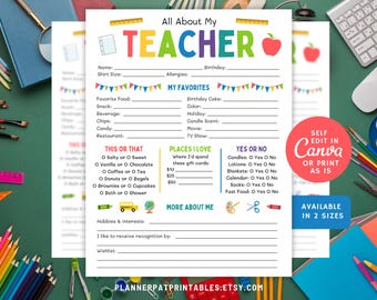 All About My Teacher Printable, Favorite Things Questionnaire, Ready to Print PDF