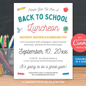 May include: A printable back to school luncheon invitation with a red apple, a pencil, scissors, and a globe. The invitation is for Southfield Elementary PTO and is available in four sizes. The text on the invitation reads "Please join us for a back to school luncheon hosted by Southfield Elementary PTO. Let's reconnect with colleagues, share summer memories, and kick off the school year! September 10, 20xx 12:00 PM - Southfield Cafeteria Lunch catered by Southfield Sandwich Shop It's going to be a great year! Please RSVP to Kelly at 555.555.5555 or kelly.johnson@southfield.edu Plannerpatprintables.etsy.com"