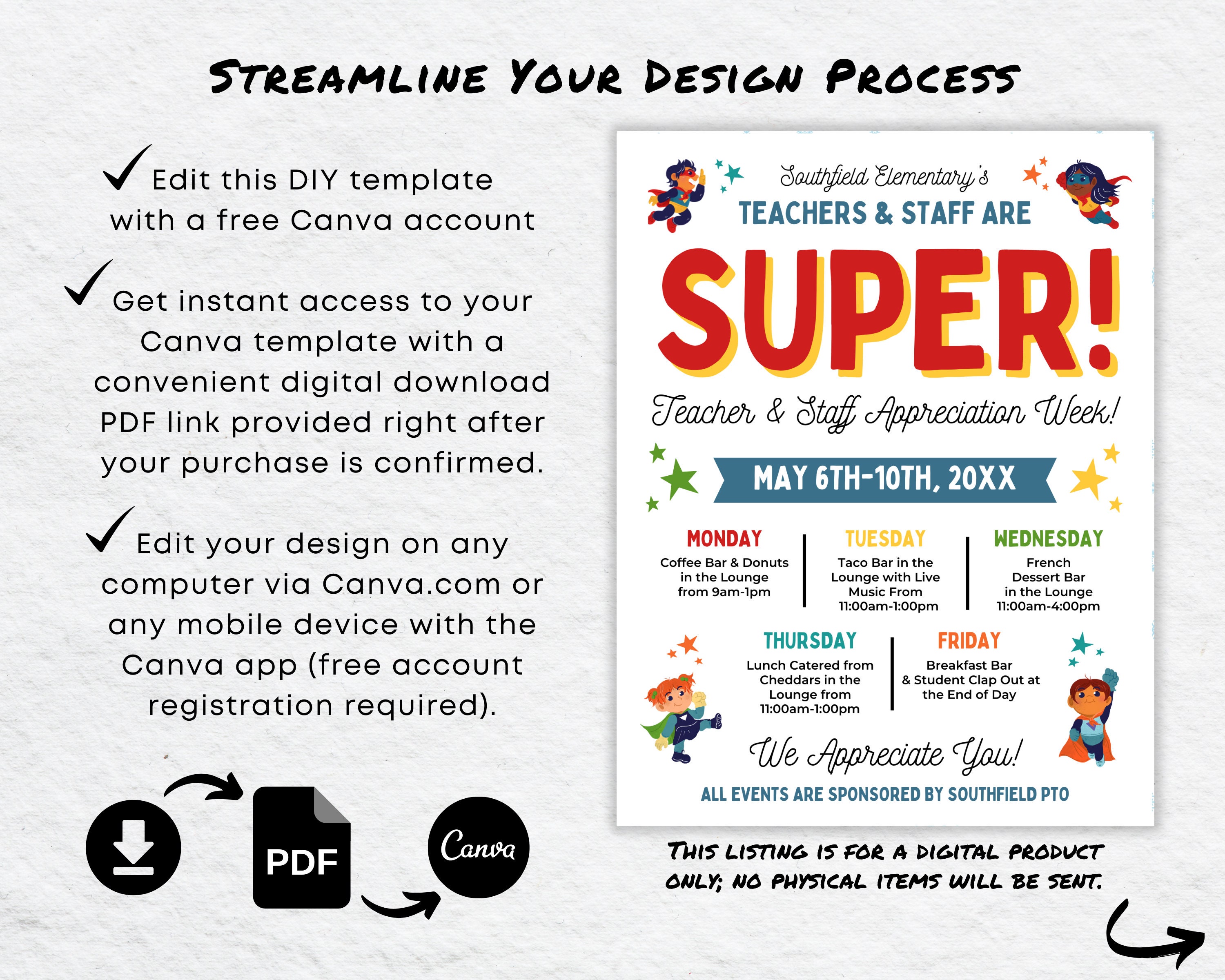 Editable Superhero Theme Teacher & Staff Appreciation Week Flyer ...