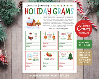 May include: Printable holiday gram cards featuring festive Christmas characters like Santa, elves, reindeer, and snowmen. Each card has a fun holiday message and space to write "To", "From", and a message. The cards are available in four sizes and measure approximately 3 inches by 2.5 inches.