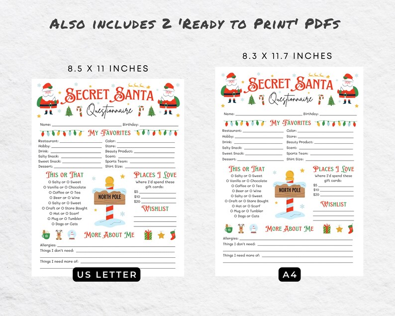 Secret Santa Questionnaire Printable, Christmas Gift Exchange Favorites