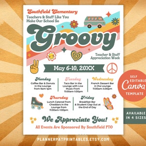 Editable Groovy Theme Teacher & Staff Appreciation Week Flyer Itinerary Canva Template