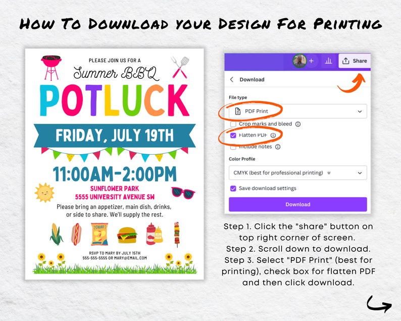 May include: A screenshot of a computer screen showing how to download a design for printing. The screen shows a menu with options for PDF print, crop marks and bleed, flatten PDF, include notes, and color profile. The text on the screen says "How to download your design for printing".