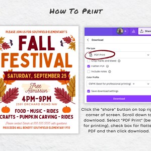 May include: A printable flyer for a Fall Festival event. The flyer is decorated with fall leaves and pumpkins. The event is on Saturday, September 25th from 4pm to 9pm at 2591 Orchard Road NW. The event will feature food, music, rides, crafts, and pumpkin carving. Proceeds will benefit Southfield Elementary PTO.