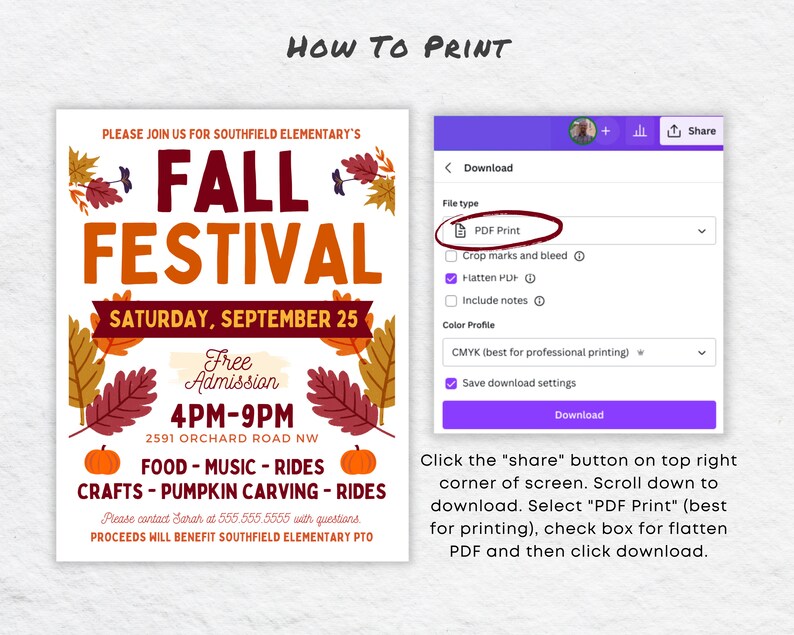 May include: A printable flyer for a Fall Festival event. The flyer is decorated with fall leaves and pumpkins. The event is on Saturday, September 25th from 4pm to 9pm at 2591 Orchard Road NW. The event will feature food, music, rides, crafts, and pumpkin carving. Proceeds will benefit Southfield Elementary PTO.